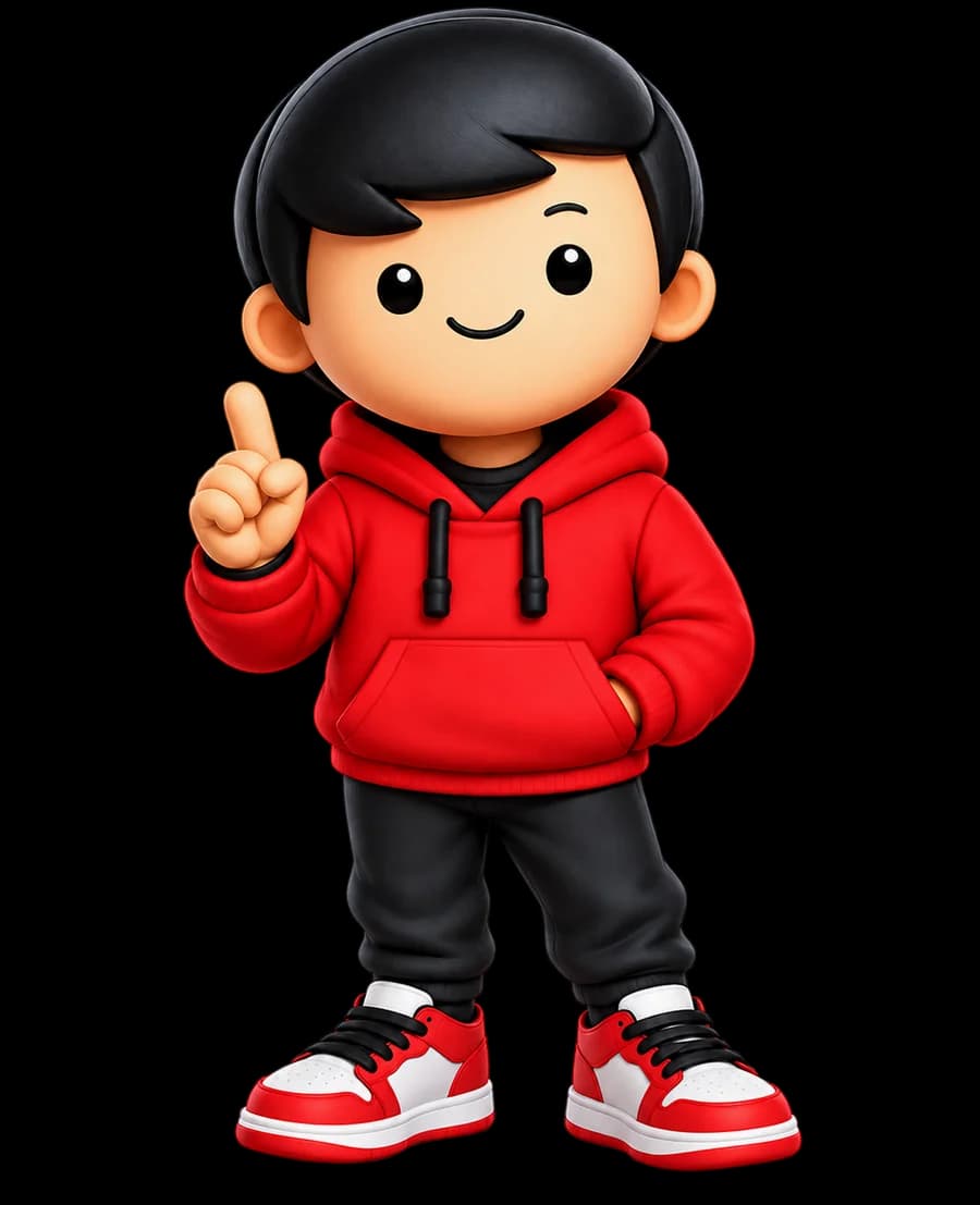 Mascote do LipeExplica — personagem com moletom vermelho apontando para cima